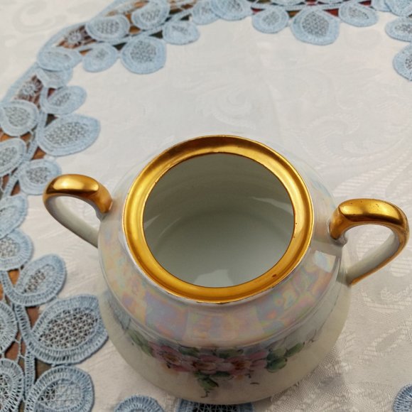 Vintage TK Czechoslovakia Sugar Bowl Hand Painted Pink Floral Design Gold Trim - Picture 5 of 8